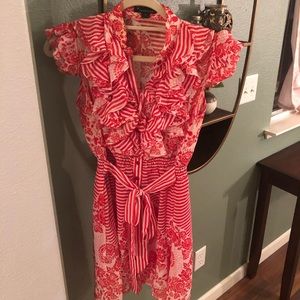 Twenty One Red & Cream Floral Ruffle Mini Dress